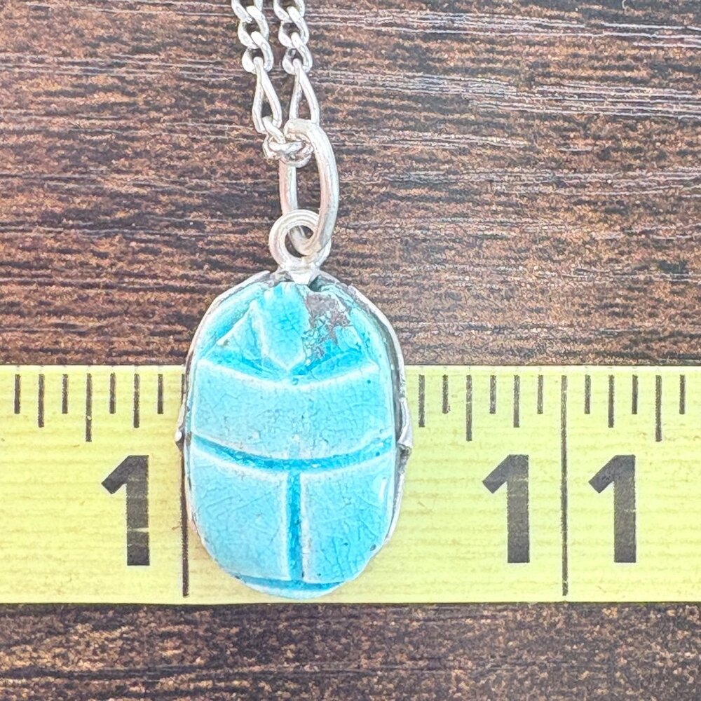 Turquoise Carved Scarab Pendant Necklace Sterling Silver 925 Size 15.5" Length - Picture 16 of 16